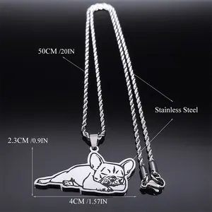 Sleeping French Bulldog pendant necklace made of stainless steel with a silver finish