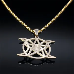 Collier déesse triple lune en acier doré avec pendentif pentagramme et chaîne à billes