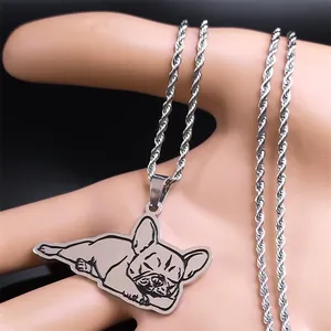 Silver stainless steel French Bulldog pendant necklace with twist chain on black background