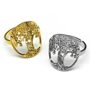 Tree of Life Hollow Out Heart Stainless Steel Ring For Women Vintage Minimalist Open Adjustable Round Family Tree Finger Ring Jewelry