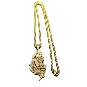 Elegant gold stainless steel leaf pendant necklace with a detailed box chain design