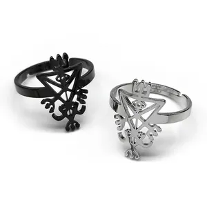Gothic Stainless Steel Adjustable Open Ring Sigil Of Lucifer Lilith Hollow Out Mystical Geometric Punk Jewelry For Men Women
