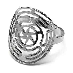 Adjustable hollow stainless steel ring with spiral maze pattern and star center design