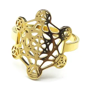 Detailed close-up of golden Metatron's Cube ring with geometric hollow pattern