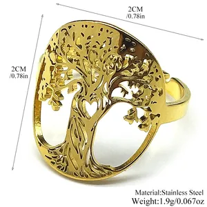 Minimalist gold tree of life stainless steel adjustable open ring for women
