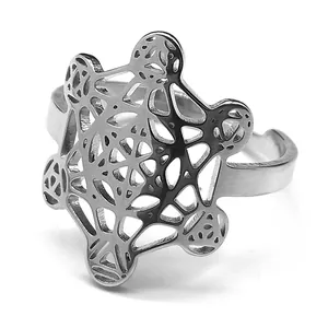 Adjustable stainless steel open ring featuring a hollow Flower of Life geometric pattern