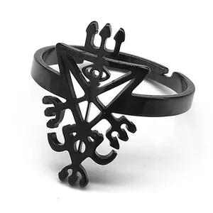 Detail of black stainless steel ring featuring engraved Sigil of Lucifer occult symbol