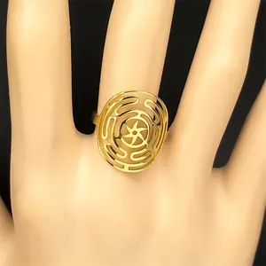 Golden stainless steel cutout ring with spiral maze pattern worn on finger