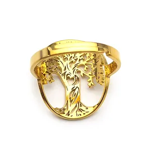 Adjustable golden stainless steel open ring featuring a hollow Tree of Life with heart