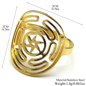 Golden stainless steel geometric open ring with circular hollow design and star motif