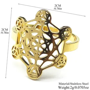 Golden stainless steel flower of life geometric ring with dimension markings
