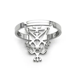 Polished silver stainless steel ring featuring a geometric Sigil of Lucifer design