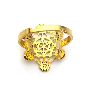 Golden Flower of Life open ring in stainless steel with hollow geometric design