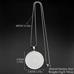 Collana in acciaio inossidabile con ciondolo tondo retrò e catena box da 60 cm unisex