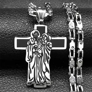 Retro stainless steel cross pendant with Virgin Mary engraving on mechanical link chain