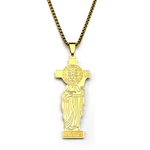 Golden St. Benedict cross pendant necklace with box chain for religious protection