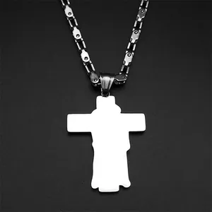 Silver stainless steel cross necklace with mechanical link chain in vintage punk style