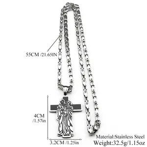 Silver stainless steel cross necklace with Holy Family engraving and dimensions