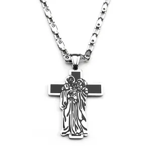 Silver stainless steel cross necklace with black religious totem pendant on white background