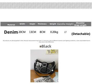 Tableau des tailles pour sac bandoulière Y2K en denim noir 20x13x8 cm
