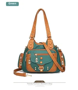 Dettagli della borsa grande multitasche in pelle lavata con design bicolore verde e marrone