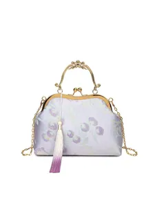 Sac de soirée brodé lavande avec poignée florale dorée et pompon pour cheongsam