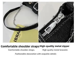 Détails de la fermeture éclair métallique et de l'anse en denim du sac Y2K vintage