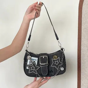 Sac Sous le Bras en Denim Étoile Y2K pour Femmes Sac à Bandoulière Broderie Étoile Vintage Avec Boucle de Chaîne en Métal Streetwear Denim