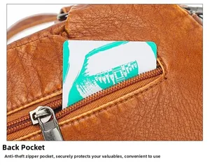 Dettaglio della tasca posteriore antifurto con zip su borsa a tracolla in pelle marrone