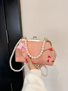 Women Vintage Chinese Style Satin Evening Bag Flower Bird Pattern Pearl Chain Clasp Purse Elegant Party Wedding Handbag