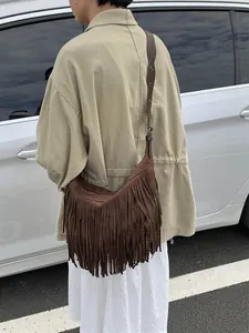 Women Bohemian PU Leather Tassel Crossbody Bag Large Capacity Retro Fringe Hobo Shoulder Bag Adjustable Strap Daily Bag