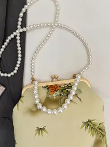 Elegant mint green silk evening bag with pearl chains and Chinese floral bamboo patterns