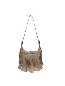 Brown fringe crossbody bag in bohemian style with suede texture and adjustable strap