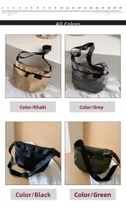 Oxford cloth crossbody bags in four colors with wide black straps and zip closure
