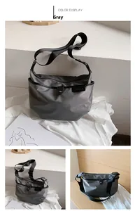 Multiple views of grey nylon crossbody bag with black strap and side pocket detail