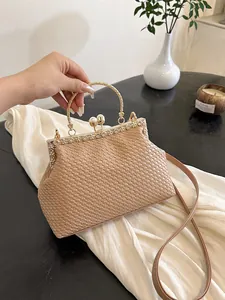 Borsa da Sera Intrecciata da Donna Strass Perla Artificial Manico in Metallo Borsa a Tracolla di Lusso per Feste Matrimoni Gioiello