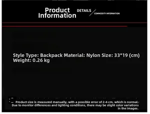 Size specifications for a lightweight nylon tactical chest bag, measuring 33x19 cm and 0.26kg