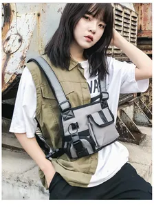Close-up of gray tactical chest bag with functional pockets and adjustable straps