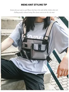 Close-up of tactical reflective chest bag showing multi-pockets and adjustable buckles