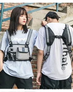 Macro detail of reflective tactical chest rig featuring gray nylon and adjustable buckles