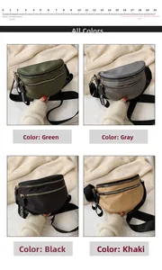 Detail of four colored crossbody chest bags in green, grey, black, and khaki nylon fabric