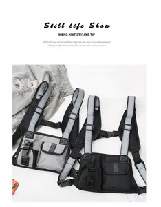 Detailed view of tactical chest rig featuring reflective straps and heavy-duty buckles