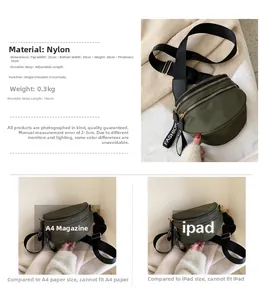 Detailed dimensions of army green nylon crossbody bag with adjustable strap and dual zippers