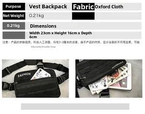 Detailed size chart for black oxford fabric tactical chest bag with fashion print