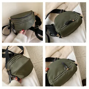 Olive green multi-zipper nylon crossbody bag with fashion strap from four angles