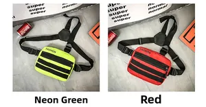 Detail of tactical chest rig bags in neon green and red with durable buckles