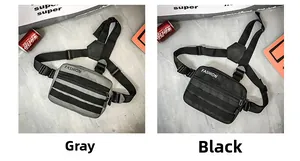 Front detail of gray and black functional tactical cross-body bags in durable oxford cloth