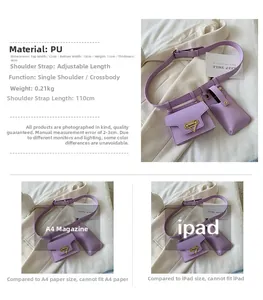 Detailed size specifications for purple PU leather mini belt bag with dimensions and strap info