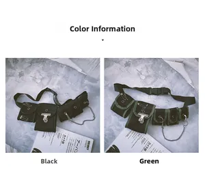 Tactical mesh hip bag with functional pockets, metal chains and clips in black and green