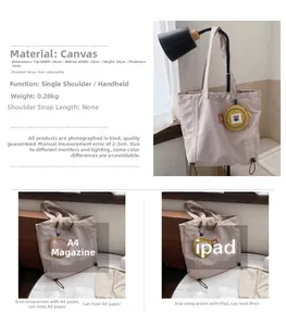 Detailed size chart and large capacity demo of the canvas tote bag with floral coin purse